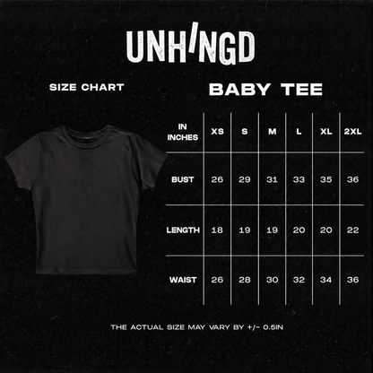 Size chart for a baby tee with UNHINGD branding on a black background