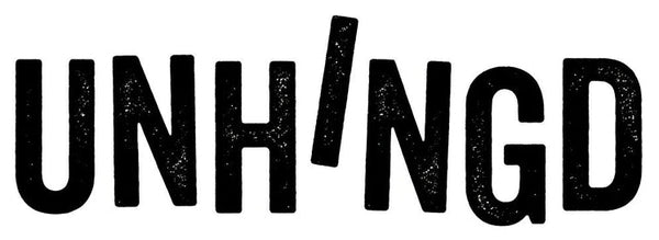 Black text 'UNHINGD' on a white background