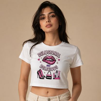 Woman wearing a white t-shirt with a graphic design on a beige background